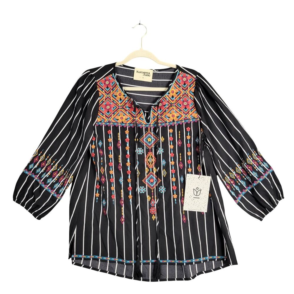 NWT SAVANNA JANE Black Striped Floral Embroidered Southwestern Top SIZE SMALL